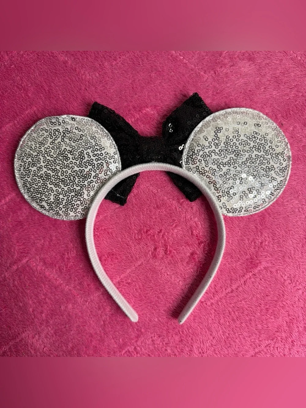Sequin Ear Headband with Black Bow and Character Patches